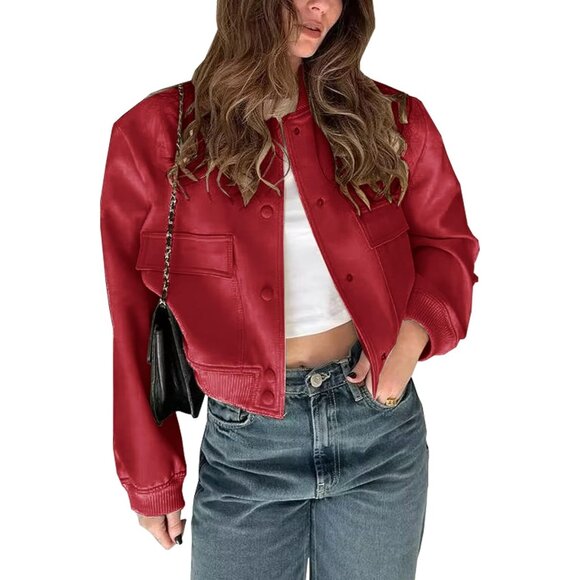 Women Red Cropped Bomber Jacket Button Down Varsity Shacket with Pockets - Picture 1 of 5
